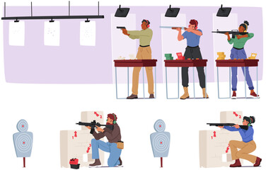 Diverse Group Of Characters Engaged In Target Practice At A Shooting Range. Men And Women Focusing On Shooting Skills