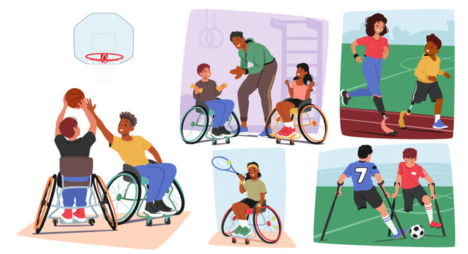 Set Of Inclusive Sports Activities, Children With Disabilities Engaging In Basketball, Running, And Soccer