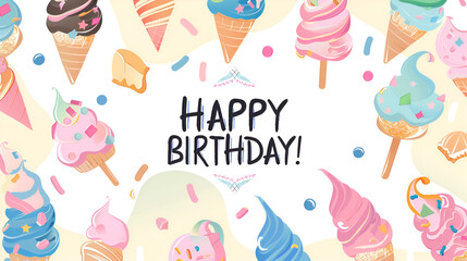 multi-colored inscription in an "Happy birthday" ice cream frame on a white background in carton style