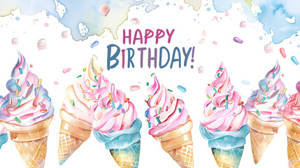 multi-colored inscription in an "Happy birthday" ice cream frame on a white background