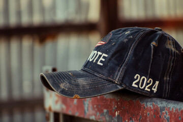 Worn Vote 2024 Cap on Rusted Metal Surface