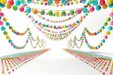 Fototapeta premium Festive rainbow colored decorations hanging from the ceiling creating a joyful and vibrant atmosphere