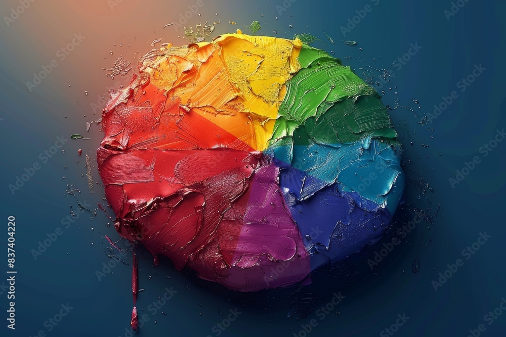 Poster cracked round object painted with rainbow colors on a dark surface symbolizing resilience and unity