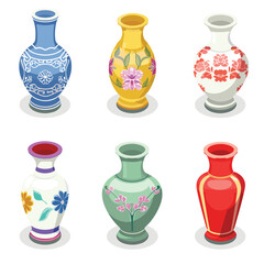 Six colorful vases illustrated cartoon style, vase features unique designs floral motifs different shapes. Vases come blue, yellow, white, purple, green, red colors isolated white background