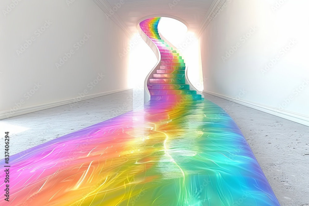 Poster long rainbow ribbon flowing through a white hallway creating a mesmerizing and colorful path