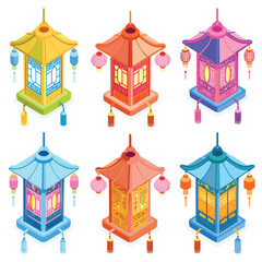 Fototapeta premium Six colorful Chinese lantern festival pavilions isometric design. Traditional Asian lanterns hanging around ornate pavilion structure. Vibrant hues, cultural architecture, festivity decoration