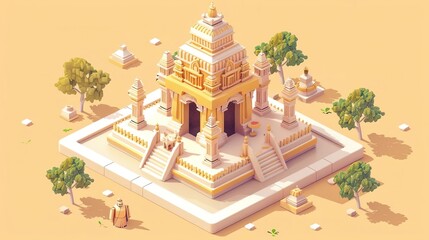 Isometric illustration of a traditional Asian temple with intricate details.