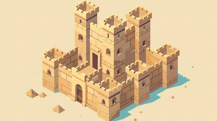 Low poly isometric illustration of a medieval castle with towers, walls, and a drawbridge.