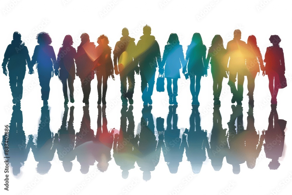 Poster silhouetted diverse group of people standing together with a rainbow gradient overlay, representing 