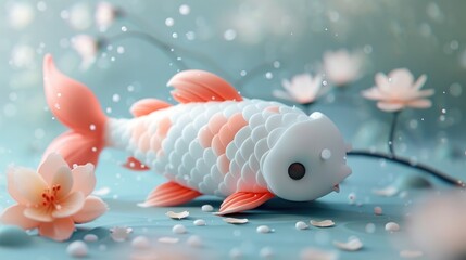 Adorable D Clay Fish with Flower on Muted Pastel Matte Background