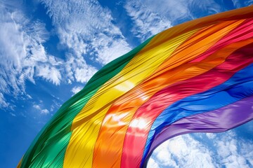 Obraz premium Vibrant rainbow flag waving against a bright blue sky with scattered white clouds, symbolizing freedom and pride, captured in a clear and sunny setting