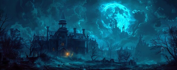 Craft a spooky atmosphere in a digital painting of a haunted house with ghostly figures haunting the abandoned mansion