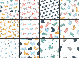 Cute funny cat. Seamless pattern. Kitten character cartoon. Vector drawing. Collection of design ornaments.