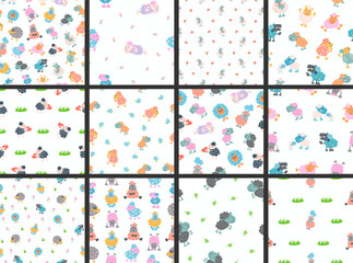 Sheep character cartoon. Seamless pattern. Cute farm animal. Flower, grass and plant. Vector drawing. Collection of design ornaments.