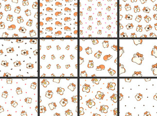 Cute kawaii hamster. Seamless pattern. Cartoon funny animals character. Hand drawn style. Vector drawing. Collection of design ornaments.