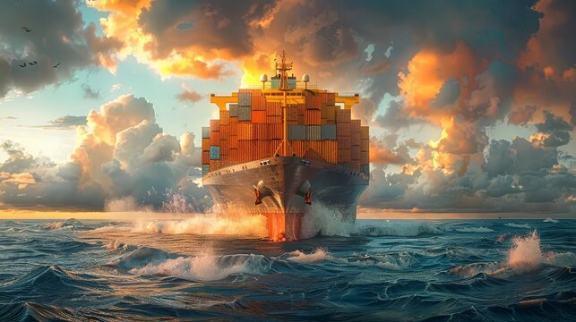 Illustrate a frontal view of a massive cargo ship on the open sea with containers stacked high, capturing the industrial scene with realism