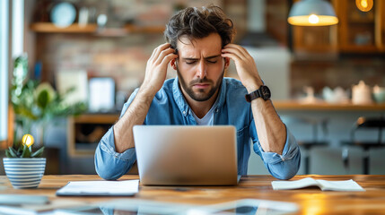 Portrait of a small businessman owner working in front of a laptop having a headache from paying bills or analyzing data