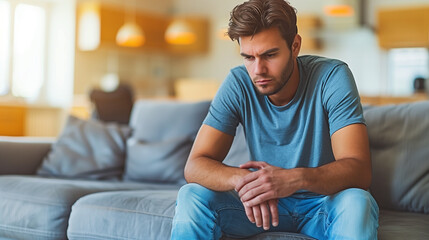 Portrait of sad reflective young man sitting on sofa at home in the morning after a breakup or a...