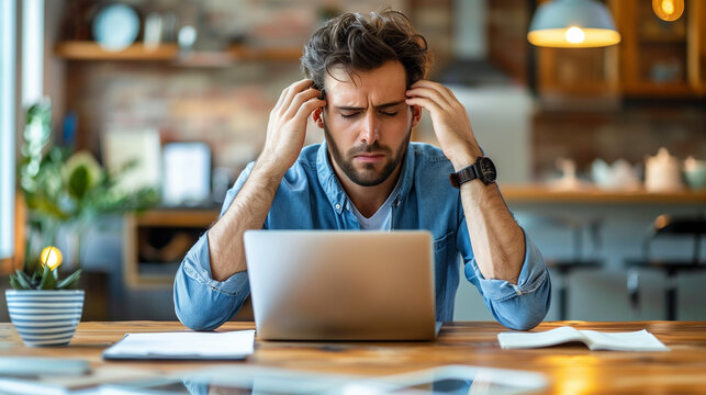 Portrait of a small businessman owner working in front of a laptop having a headache from paying bills or analyzing data