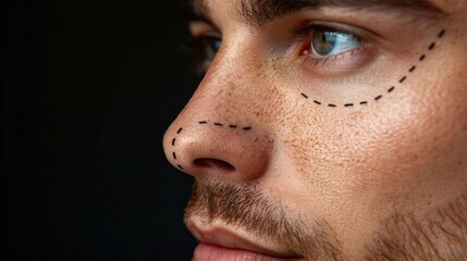 Fototapeta premium a young man with surgical lines and dotted line marks on his nose indicating a planned operation.