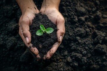 A close-up of hands holding rich, dark soil with a small green plant sprouting, symbolizing sustainable agriculture. 