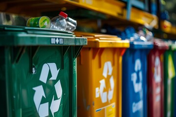 A detailed shot of recycling bins with clearly labeled sections, promoting waste segregation and recycling." 