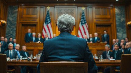 A Federal Reserve official testifying before Congress, with American flags and government officials in the background, highlighting the significance of economic policy discussions.