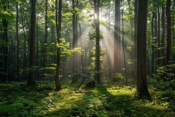 A lush forest with sunlight filtering through the trees, emphasizing the beauty and importance of nature preservation.