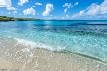 A pristine beach with clear blue waters and a "Protect Our Oceans" message overlay. 