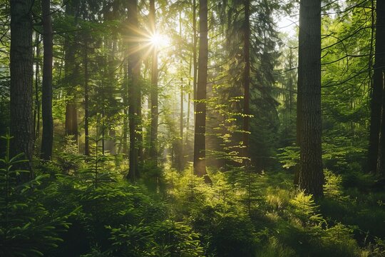 A lush forest with sunlight filtering through the trees, emphasizing the beauty and importance of nature preservation.