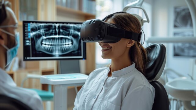 female dentist is using a virtual reality headset to view a dental x-ray - Powered by Adobe