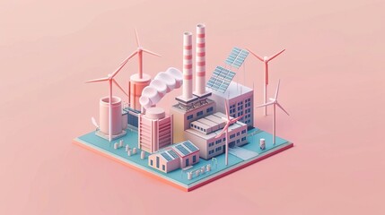 Fototapeta premium Isometric illustration of a city with renewable energy sources like wind turbines and solar panels.