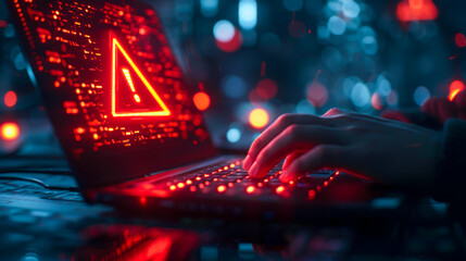 Cybersecurity Alert on Laptop Screen. Close-up of a laptop displaying a red cybersecurity alert warning, with a person typing in a dark environment.