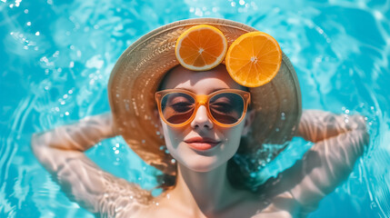 Naklejka premium Summer girl with eyeglasses , woman enjoying vacation at tropical beach