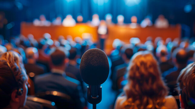 Town Hall Meeting with Candidates. Town hall meeting where candidates are answering questions from audience. Microphone is in foreground, with blurred attendees, panel of speakers in the background