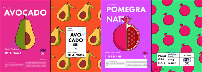 Set of line art design of fruits, specifically avocado and pomegranates in a vibrant, minimalist style. Design template for Label, ads, poster, cover, banner and price tag.