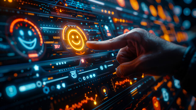 A futuristic virtual interface featuring a row of glowing satisfaction emojis, with a hand interacting with the smiley face on the digital screen, representing customer feedback and user experience.