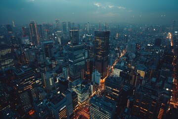Obraz premium Aerial view of a bustling cityscape at dusk, with skyscrapers, busy streets, and illuminated buildings. 