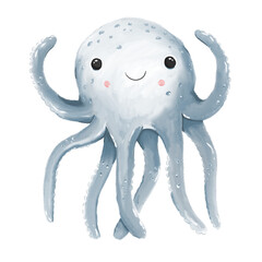 A hand drawn watercolour illustration of a cute happy Octopus smilimg