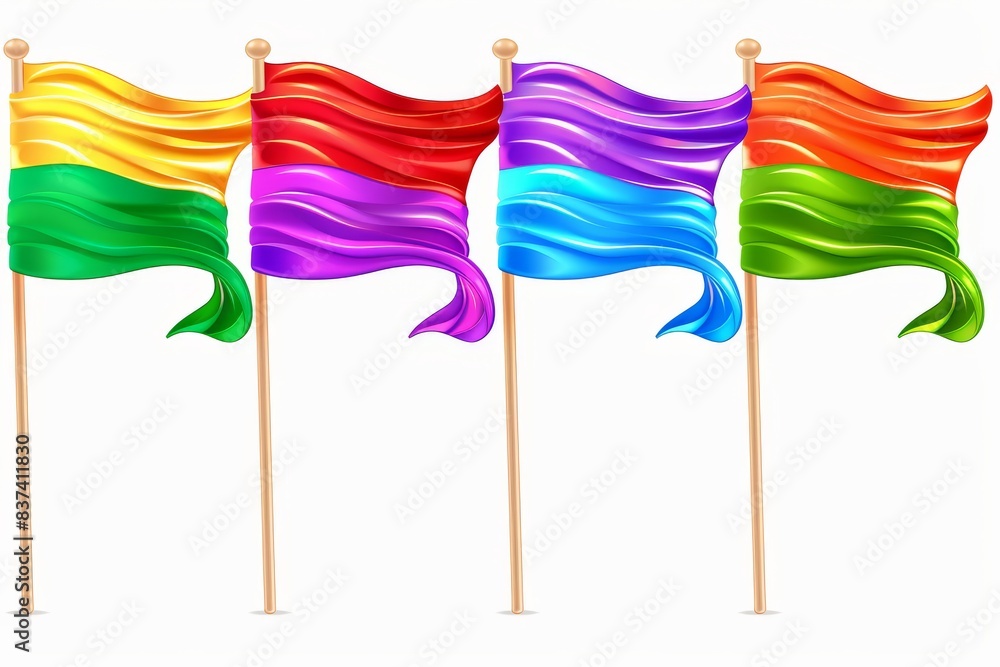 Poster array of rainbow colored flags waving, symbolizing unity and celebration, set against a clear white 