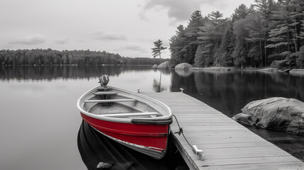 Obraz premium 4K_black_and_white_muskoka_ontario_tourist_spot_photo_with_red_pop_colour
