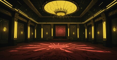 Fototapeta premium cyberpunk palace ballroom theatre hall. futuristic abandoned sci-fi neon cyber amphitheater auditorium empty room. royal dance hall in noble mansion interior. 