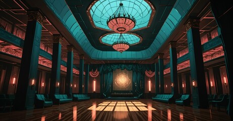 Obraz premium cyberpunk palace ballroom theatre hall. futuristic abandoned sci-fi neon cyber amphitheater auditorium empty room. royal dance hall in noble mansion interior. 
