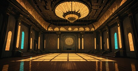 Obraz premium cyberpunk palace ballroom theatre hall. futuristic abandoned sci-fi neon cyber amphitheater auditorium empty room. royal dance hall in noble mansion interior. 