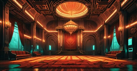 Obraz premium cyberpunk palace ballroom theatre hall. futuristic abandoned sci-fi neon cyber amphitheater auditorium empty room. royal dance hall in noble mansion interior. 