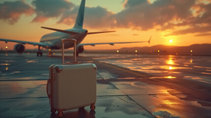 a Suitcases in airport near the wide windows, Travel concept , behind the suitcase an airplane outside standing, in the background, white colors