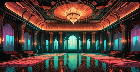 Obraz premium cyberpunk palace ballroom theatre hall. futuristic abandoned sci-fi neon cyber amphitheater auditorium empty room. royal dance hall in noble mansion interior. 