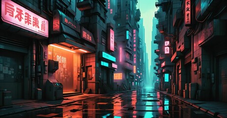 Obraz premium cyberpunk futuristic sci-fi city street road with shops and tall buildings at night. night life in cyber district with neon signs and wet road reflections. skyscrapers and stores.