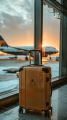 a Suitcases in airport near the wide windows, Travel concept , behind the suitcase an airplane outside standing, in the background, white colors