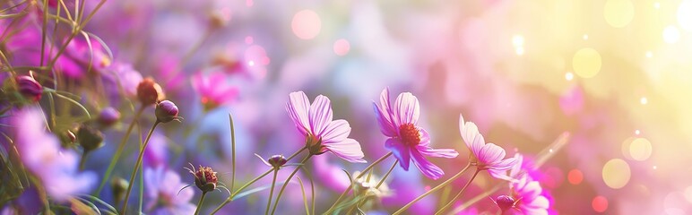 Beautiful spring summer bright natural background with colorful cosmos flowers close up. Pink Cosmos flower close up against blurred background in summer garden.